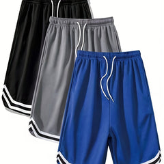 3pcs Men'S Summer Quick-Dry Athletic Shorts - Loose Fit Breathable Basketball Shorts with Ribbed Waistband, Solid Color (Black, Gray, Blue) for Gym, Running, Beach & Casual Wear, Gym Shorts, Sporty Style, Quickdry Fabric