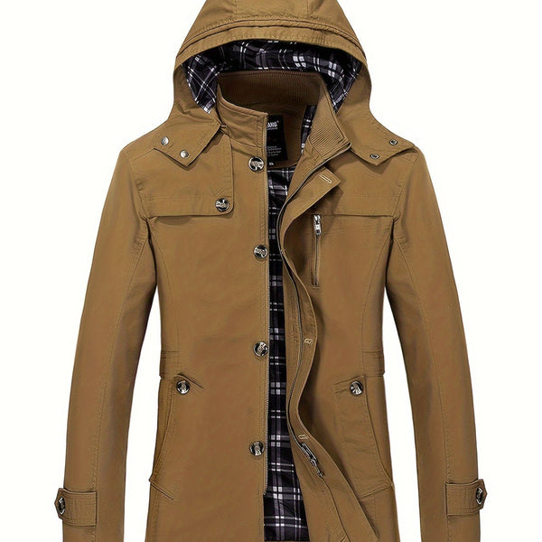 1 veste de trench en coton pour homme, mi-longueur, à capuche, avec poches, couleur unie, coupe régulière, tissu tissé, non extensible pour loisirs en plein air au printemps\u002Fautomne
