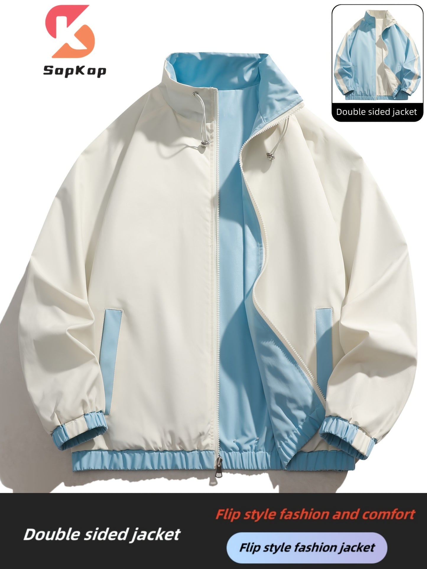 Veste réversible homme décontractée, Veste réversible homme décontractée avec poches, col montant zippée, manches longues pour extérieur