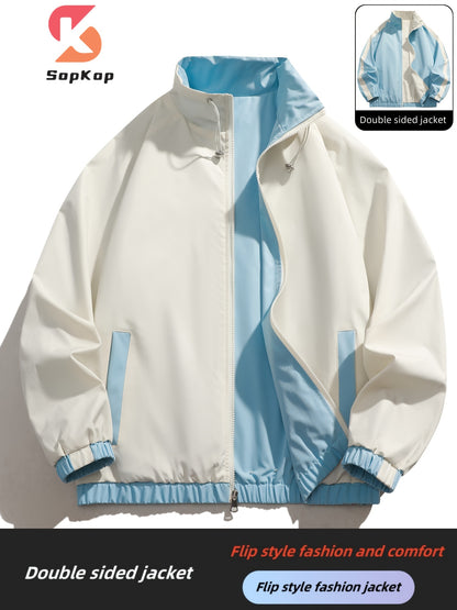 Veste réversible homme décontractée, Veste réversible homme décontractée avec poches, col montant zippée, manches longues pour extérieur