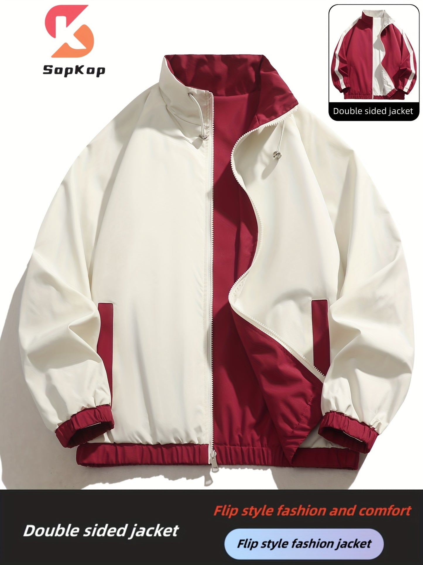 Veste réversible homme décontractée, Veste réversible homme décontractée avec poches, col montant zippée, manches longues pour extérieur