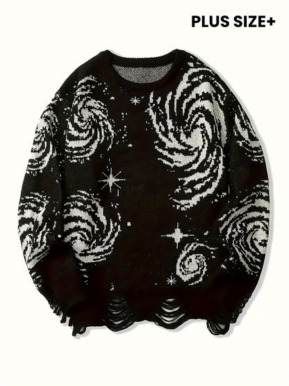 Pull-over Décontracté Homme Grande Taille Col Rond Tricoté Motif Ciel Étoilé à Ourlet Effet Détaché avec Franges, Univers en Stretch Chaud - PLUS SIZE