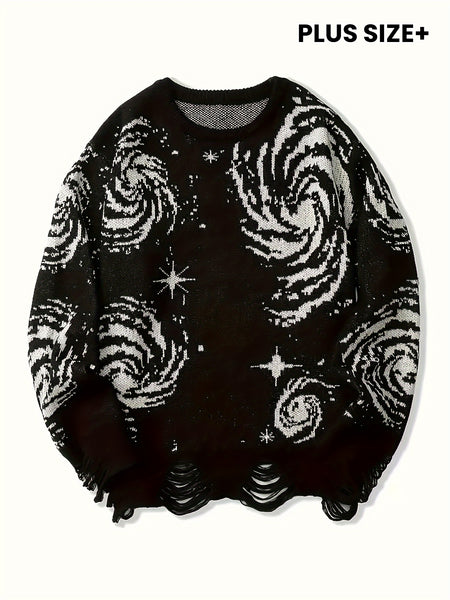 Pull-over Décontracté Homme Grande Taille Col Rond Tricoté Motif Ciel Étoilé à Ourlet Effet Détaché avec Franges, Univers en Stretch Chaud - PLUS SIZE