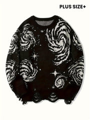 Pull-over Décontracté Homme Grande Taille Col Rond Tricoté Motif Ciel Étoilé à Ourlet Effet Détaché avec Franges, Univers en Stretch Chaud - PLUS SIZE