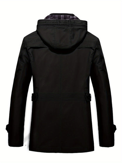 1 veste de trench en coton pour homme, mi-longueur, à capuche, avec poches, couleur unie, coupe régulière, tissu tissé, non extensible pour loisirs en plein air au printemps\u002Fautomne