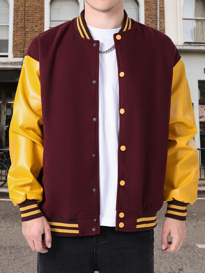 Varsity Baseball Jackets Men's Color Block Bomber Jacket Comfy Stylish Spring and Autumn Coats Casual Breathable Button Up Outerwear with Pockets for Sports