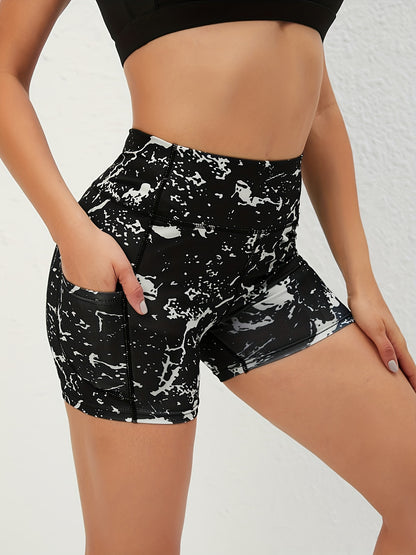3pcs Women's High-Waist Yoga Shorts with Pockets - Tummy Control, Stretchy Running & Cycling Activewear, Floral Print, Black\u002FWhite, Blue\u002FBlack, Gray\u002FBlue Patterns, Polyester Blend for Spring\u002FSummer Fitness