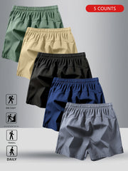 5pcs Men'S Summer Sports Shorts - Breathable, Lightweight, Moisture-Wicking Drawstring Waist, Solid Colors (Green, Red, Purple, Blue, Tan) for Casual, Outdoor, and Athletic Activitie