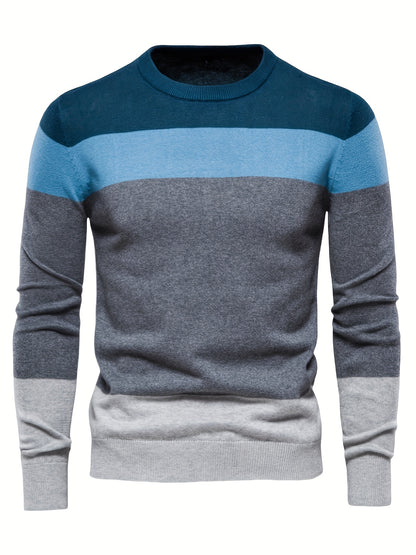 Pullover tricoté en coton 100 % pour homme, col rond ajusté à manches longues décontracté pour l'automne et l'hiver