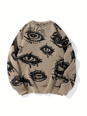 Pull Vintage Œil du Diable à Contraste de Couleurs - Pull Unisexe Col Rond en Tricot Mi-Extensible pour Hommes & Femmes, Vêtements Décontractés Printemps\u002FAutomne, Confortable, Grande Taille
