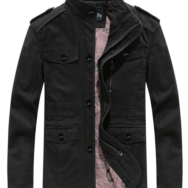 Veste de travail multi-poches à col montant rétro américain Vintage pour hommes, hauts d'extérieur décontractés de couleur unie printemps\u002Fautomne