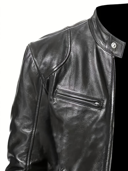 Veste bomber en cuir synthétique pour hommes - Décontractée, tendance, veste de moto avec fermeture éclair et poches, design à blocs de couleur marron et noir