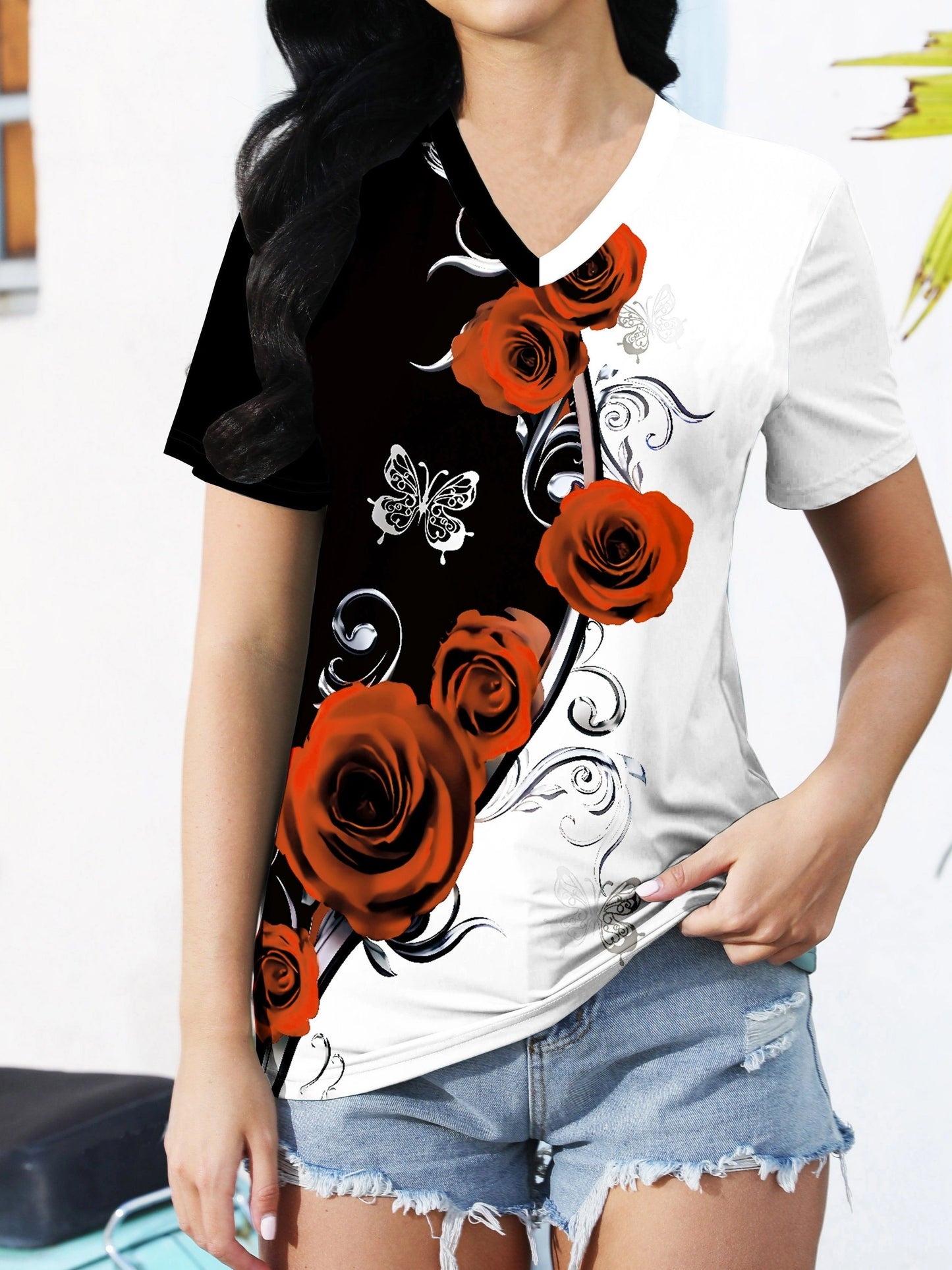Roses Print V Neck T-Shirt, Elegant Color Block Short Sleeve T-Shirt For Summer, Women's Clothing