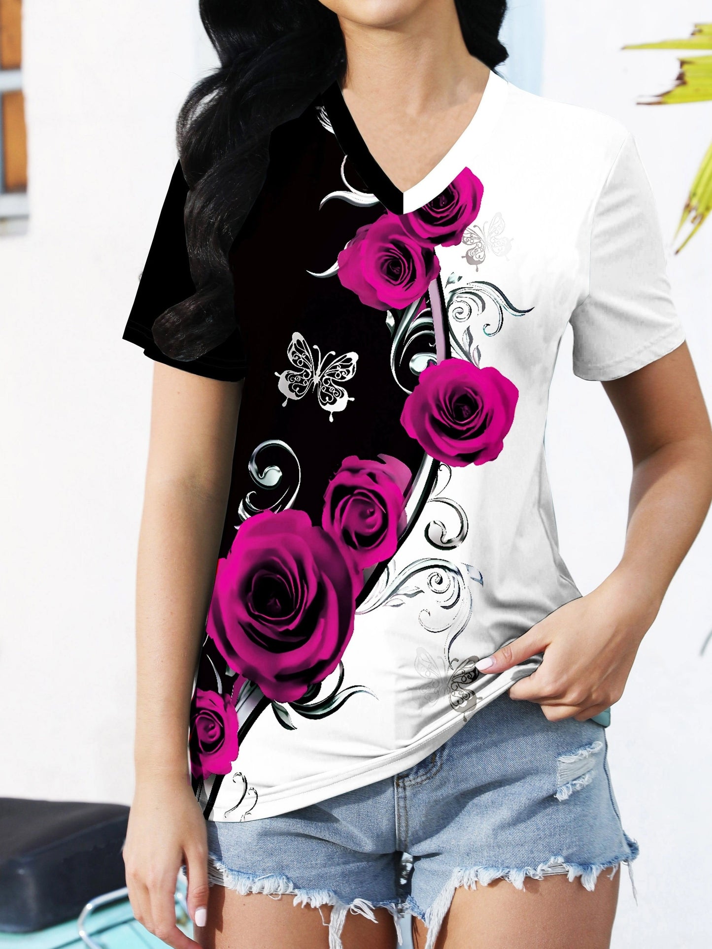 Roses Print V Neck T-Shirt, Elegant Color Block Short Sleeve T-Shirt For Summer, Women's Clothing