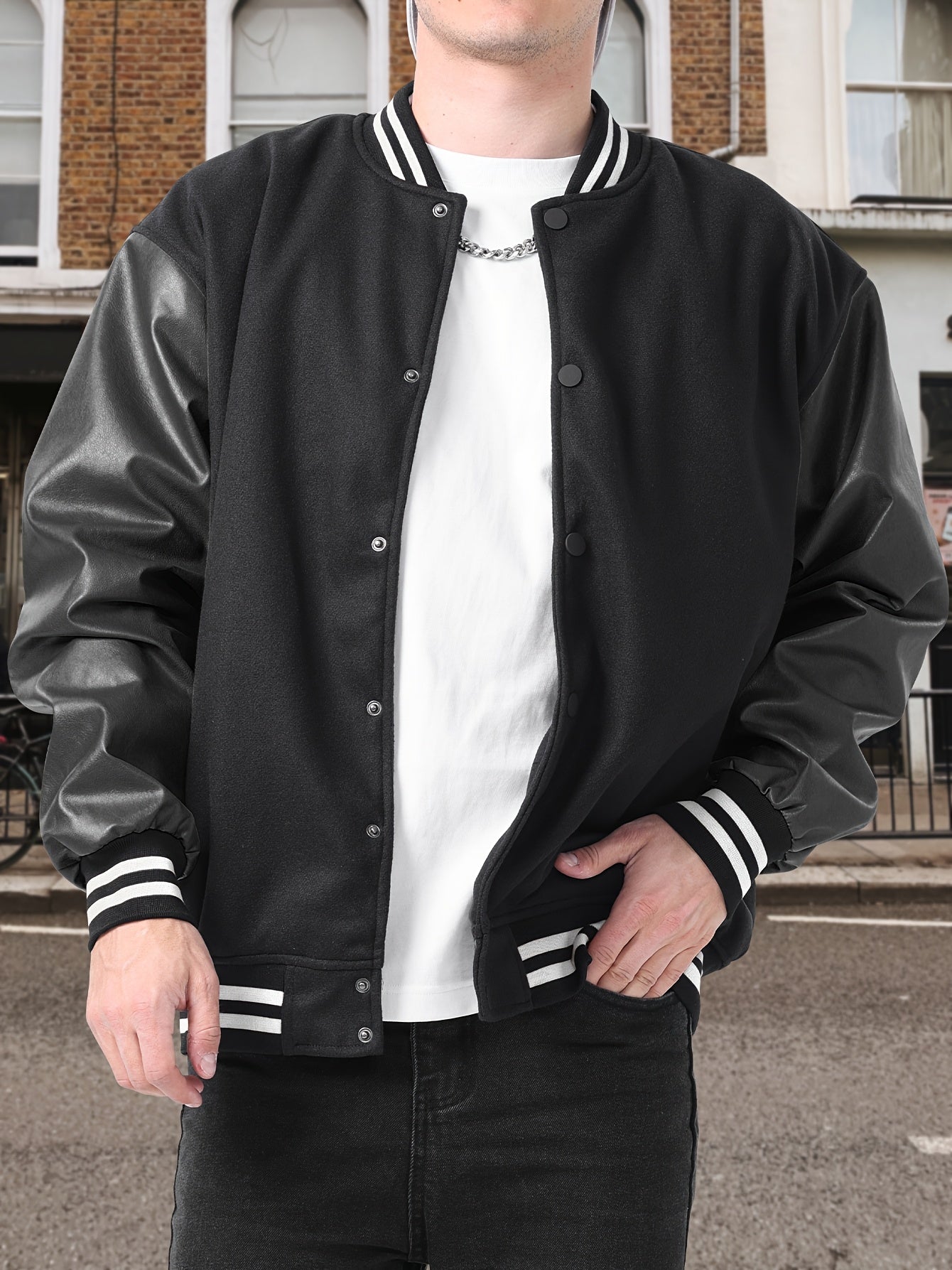 Varsity Baseball Jackets Men's Color Block Bomber Jacket Comfy Stylish Spring and Autumn Coats Casual Breathable Button Up Outerwear with Pockets for Sports