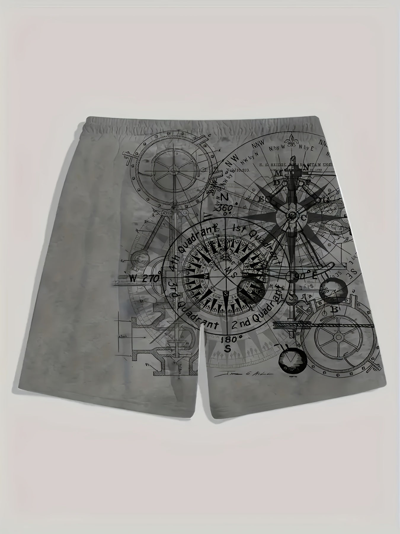 Men's Vintage Nautical Quick-Dry Shorts - Compass & Sailing Charts Design, Ideal for Summer Water Sports, Beach, and Surfing, Lightweight Polyester Fabric with Drawstring Waist