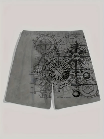 Men's Vintage Nautical Quick-Dry Shorts - Compass & Sailing Charts Design, Ideal for Summer Water Sports, Beach, and Surfing, Lightweight Polyester Fabric with Drawstring Waist
