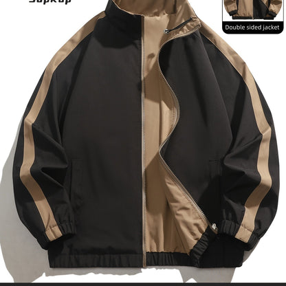 Veste réversible homme décontractée, Veste réversible homme décontractée avec poches, col montant zippée, manches longues pour extérieur