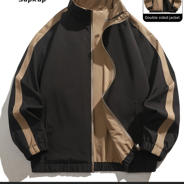 Veste réversible homme décontractée, Veste réversible homme décontractée avec poches, col montant zippée, manches longues pour extérieur