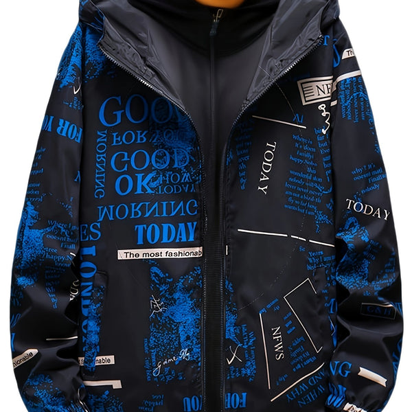 Veste à capuche décontractée pour hommes avec impression de lettres, veste coupe-vent chic pour le sport et l'école