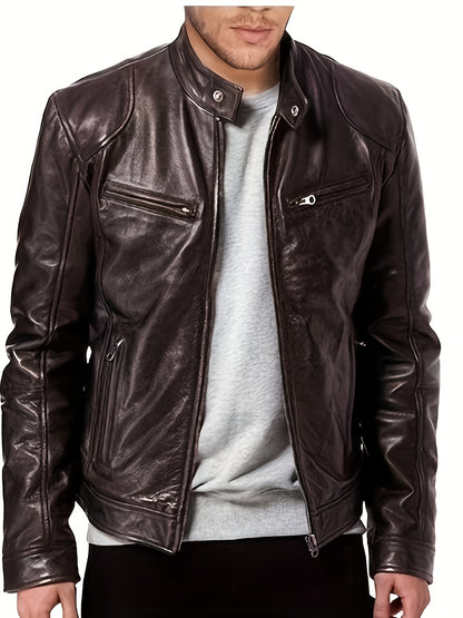 Veste bomber en cuir synthétique pour hommes - Décontractée, tendance, veste de moto avec fermeture éclair et poches, design à blocs de couleur marron et noir