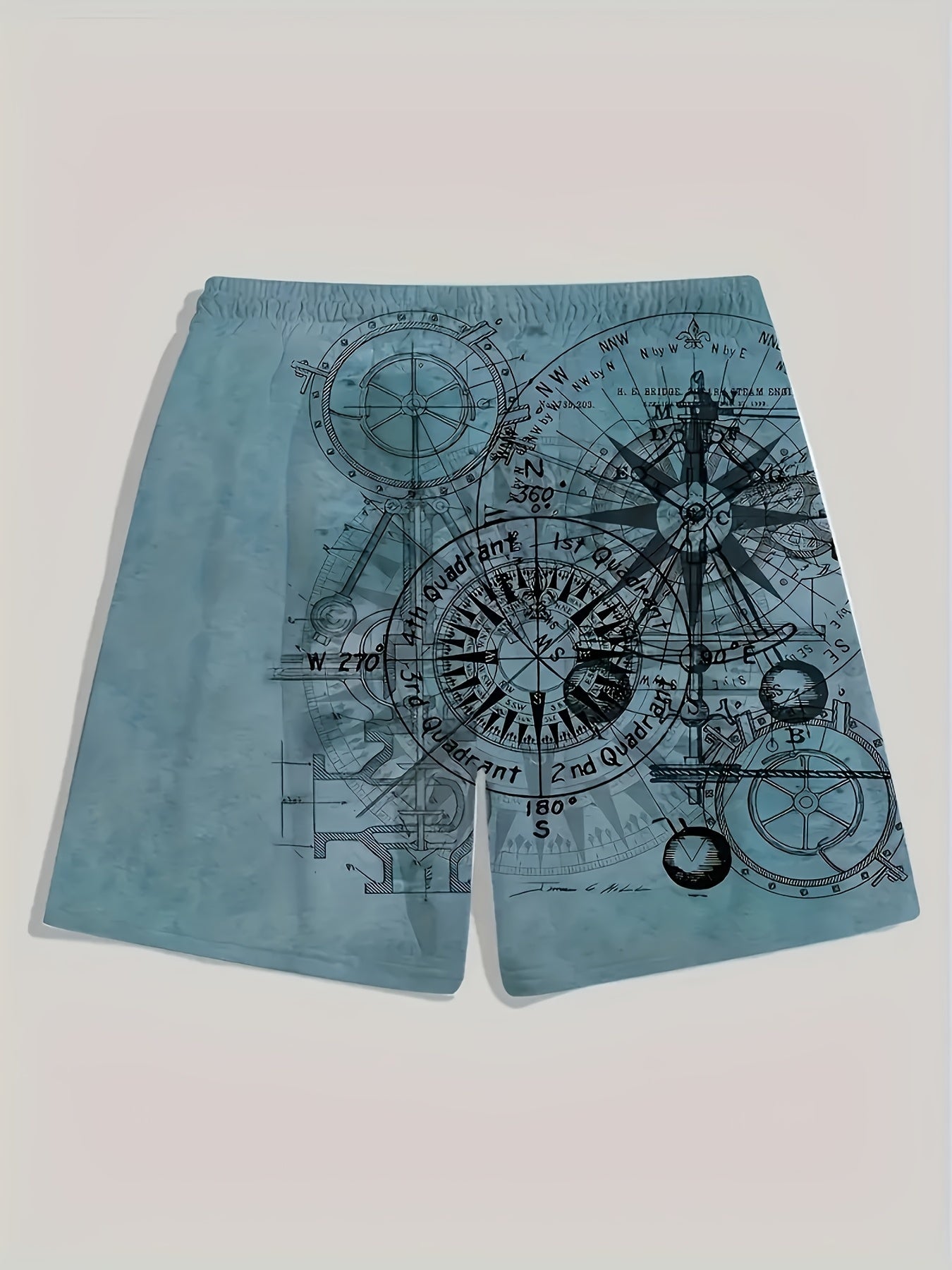 Men's Vintage Nautical Quick-Dry Shorts - Compass & Sailing Charts Design, Ideal for Summer Water Sports, Beach, and Surfing, Lightweight Polyester Fabric with Drawstring Waist