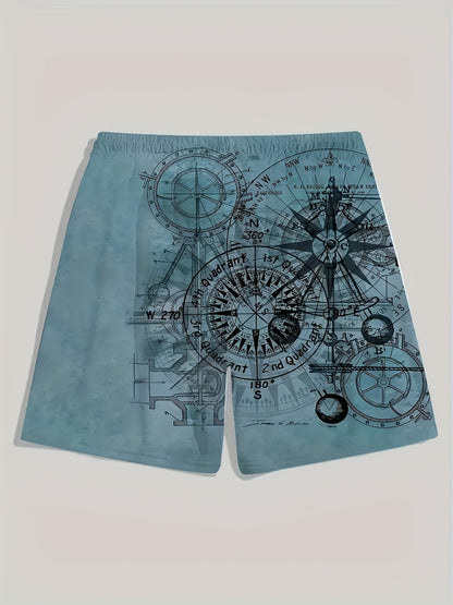 Men's Vintage Nautical Quick-Dry Shorts - Compass & Sailing Charts Design, Ideal for Summer Water Sports, Beach, and Surfing, Lightweight Polyester Fabric with Drawstring Waist