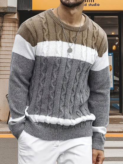 Pull Homme à Mailles Contrastées et Blocs de Couleurs - Col Rond Doux, Manches Longues pour Toutes Saisons, Lavable en Machine, Coupe Classique pour Tenue Décontractée & Soirée