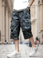 Men'S Outdoor Casual Cargo Shorts with Multiple Pockets, Knee-Length, Featuring an Elastic Waistband And Button Closure, Suitable for Outdoor Adventures, Fishing, Hiking, And Various Outdoor Activities.