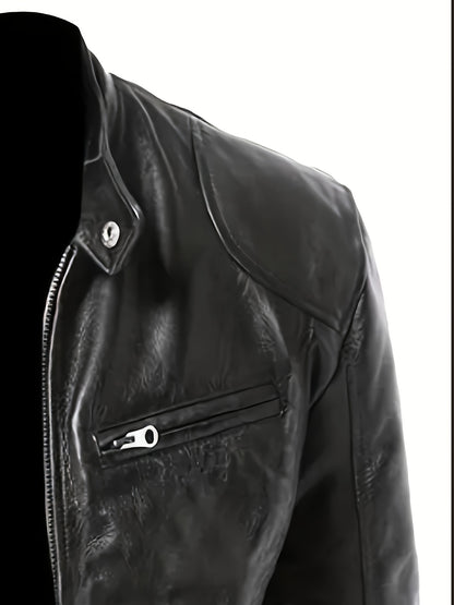 Veste bomber en cuir synthétique pour hommes - Décontractée, tendance, veste de moto avec fermeture éclair et poches, design à blocs de couleur marron et noir