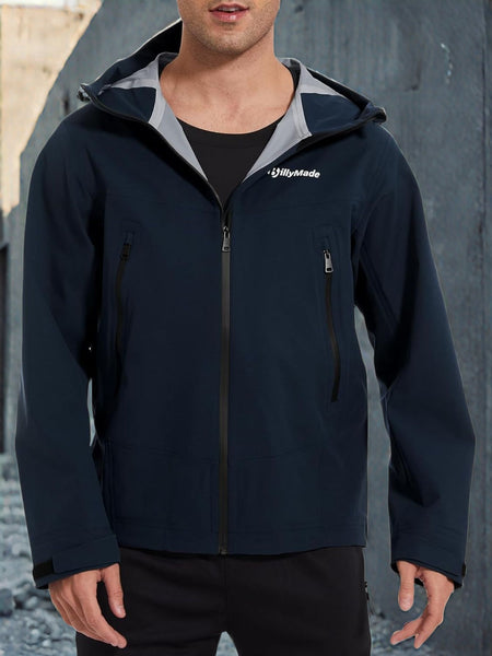 Veste Coupe-Vent Légère pour Hommes avec Capuche, Poignets Ajustables, Texture Douce et Élégante, Veste de Sport Casual à Col Montant, Fermeture Éclair Bleu Marine, Poches Idéale pour la Course & Randonnée au Printemps\u002FAutomne