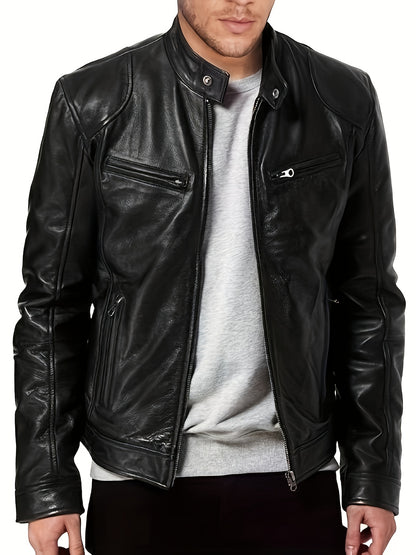 Veste bomber en cuir synthétique pour hommes - Décontractée, tendance, veste de moto avec fermeture éclair et poches, design à blocs de couleur marron et noir