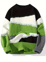 Pullover tricoté effiloché à blocs de couleurs pour hommes, pull décontracté à col rond à manches longues et haute élasticité pour l'automne et l'hiver