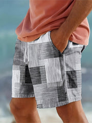 Men'S Geometric-Patterned Casual Beach Shorts, 100% Polyester, Slight Stretch, Drawstring, Regular Fit, Woven Fabric, 120g\u002Fm² - European and American Style Summer Fashion