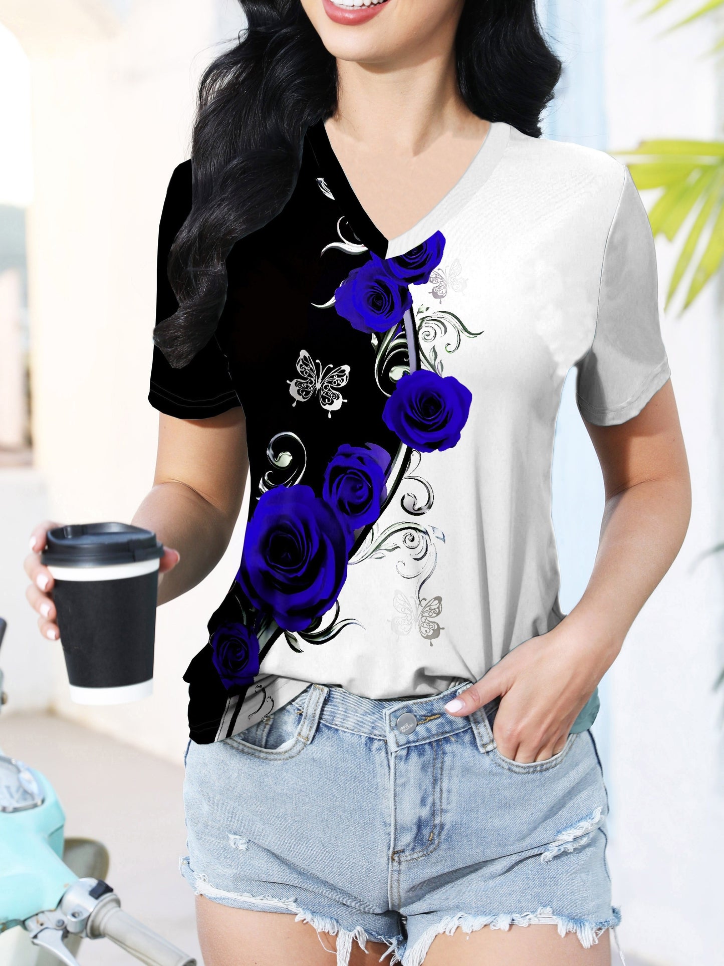 Roses Print V Neck T-Shirt, Elegant Color Block Short Sleeve T-Shirt For Summer, Women's Clothing
