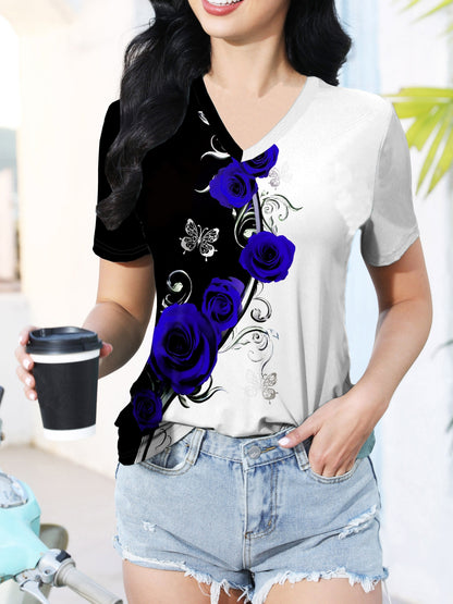Roses Print V Neck T-Shirt, Elegant Color Block Short Sleeve T-Shirt For Summer, Women's Clothing