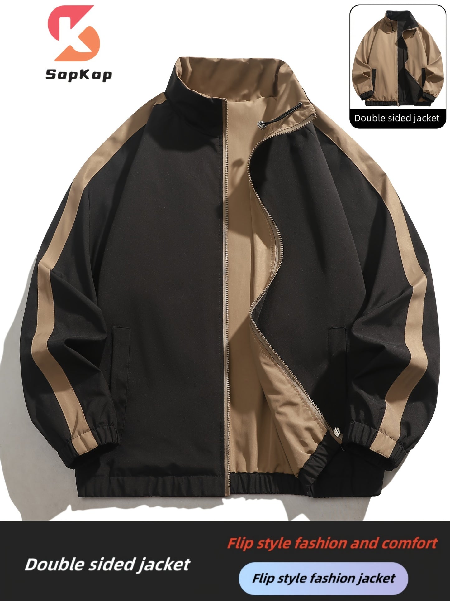Veste réversible homme décontractée, Veste réversible homme décontractée avec poches, col montant zippée, manches longues pour extérieur