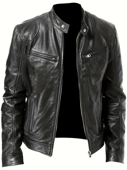 Veste bomber en cuir synthétique pour hommes - Décontractée, tendance, veste de moto avec fermeture éclair et poches, design à blocs de couleur marron et noir