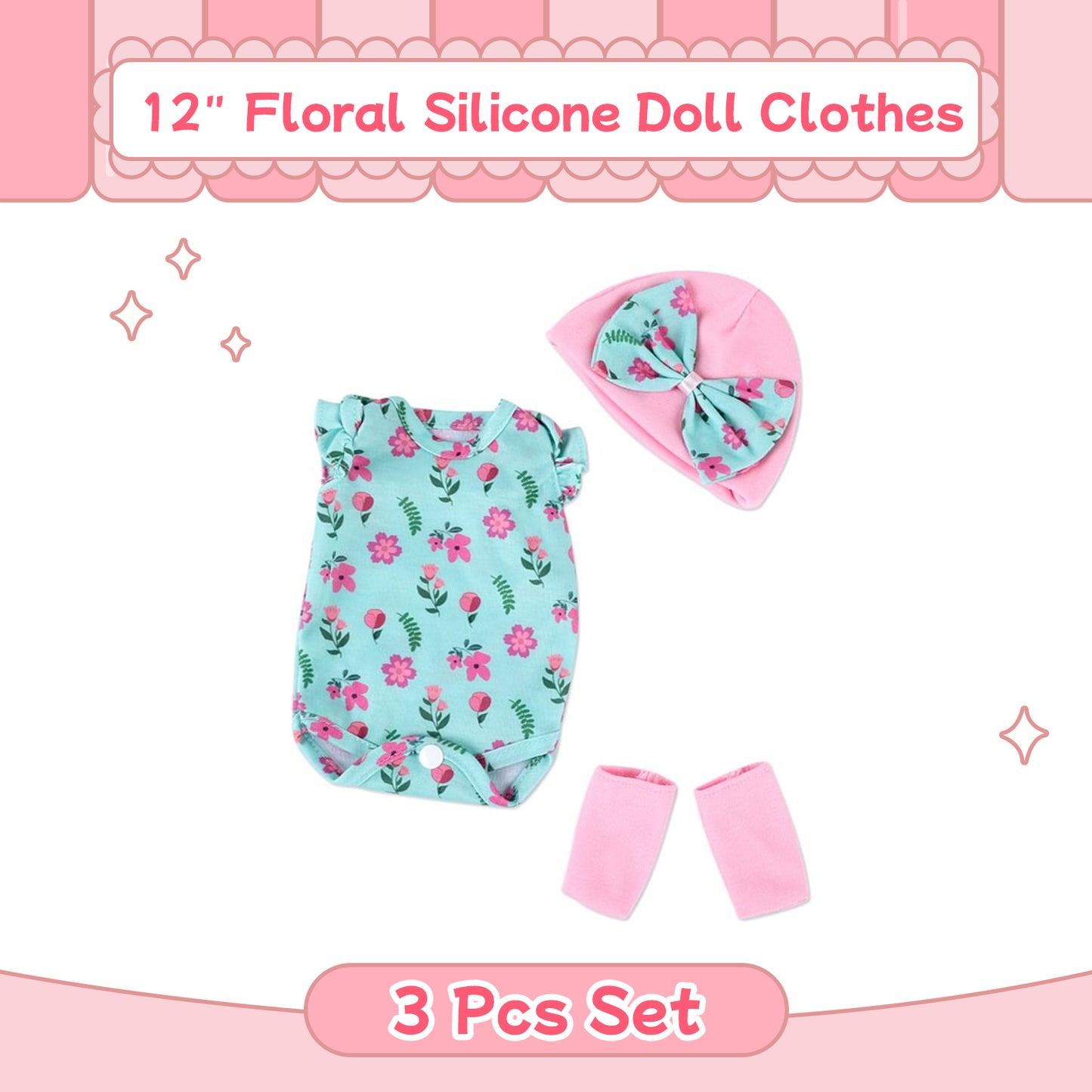 For 12" Full Body Silicone Baby Doll Floral Clothing 3-Pieces Set Accessories