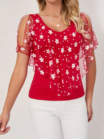 Women's Elegant Tropical Floral Print Short Sleeve T-Shirt - 100% Polyester, Lightweight 170gsm, Moderate Stretch, Spring Summer Fall Casual Top