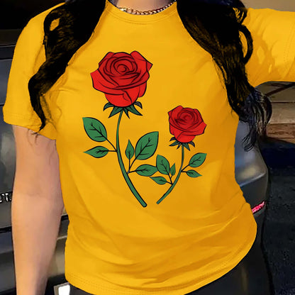 Rose Print Crew Neck T-Shirt, Casual Short Sleeve Top For Spring & Summer, Women's Clothing