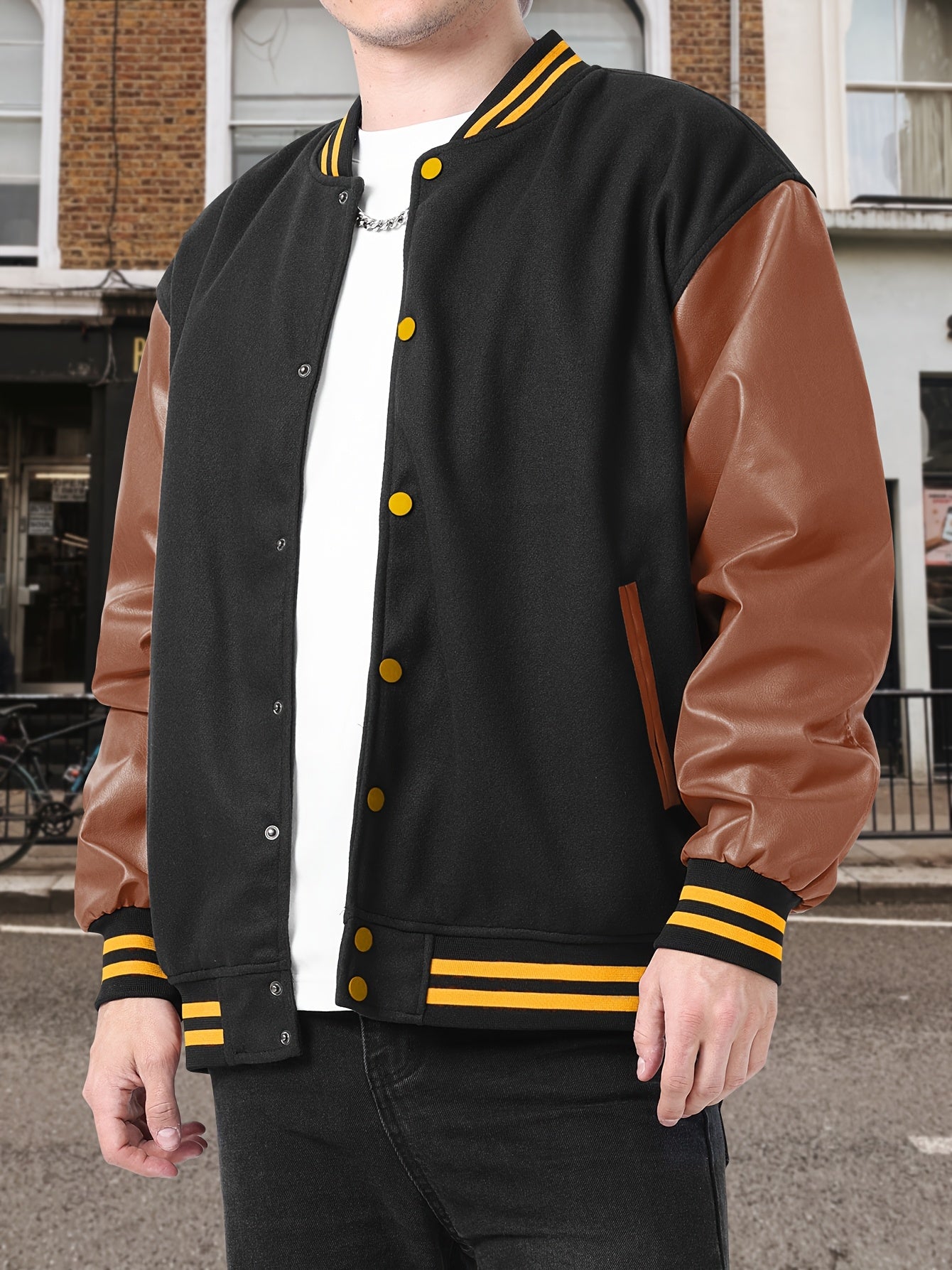 Varsity Baseball Jackets Men's Color Block Bomber Jacket Comfy Stylish Spring and Autumn Coats Casual Breathable Button Up Outerwear with Pockets for Sports