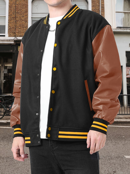 Varsity Baseball Jackets Men's Color Block Bomber Jacket Comfy Stylish Spring and Autumn Coats Casual Breathable Button Up Outerwear with Pockets for Sports