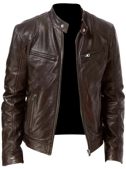 Veste bomber en cuir synthétique pour hommes - Décontractée, tendance, veste de moto avec fermeture éclair et poches, design à blocs de couleur marron et noir