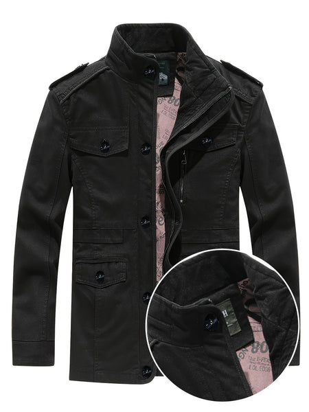 Veste de travail multi-poches à col montant rétro américain Vintage pour hommes, hauts d'extérieur décontractés de couleur unie printemps\u002Fautomne
