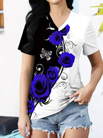 Roses Print V Neck T-Shirt, Elegant Color Block Short Sleeve T-Shirt For Summer, Women's Clothing
