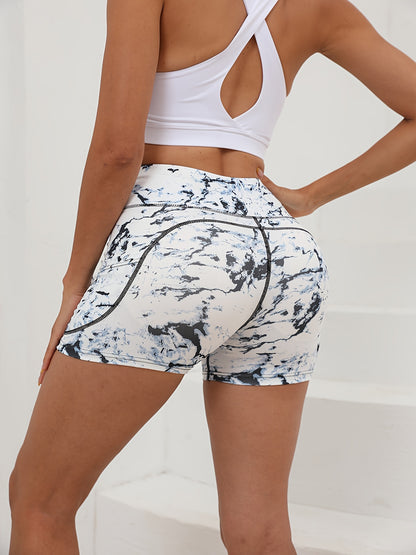 3pcs Women's High-Waist Yoga Shorts with Pockets - Tummy Control, Stretchy Running & Cycling Activewear, Floral Print, Black\u002FWhite, Blue\u002FBlack, Gray\u002FBlue Patterns, Polyester Blend for Spring\u002FSummer Fitness