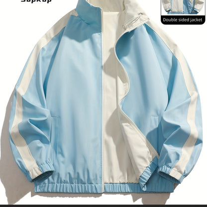 Veste réversible homme décontractée, Veste réversible homme décontractée avec poches, col montant zippée, manches longues pour extérieur