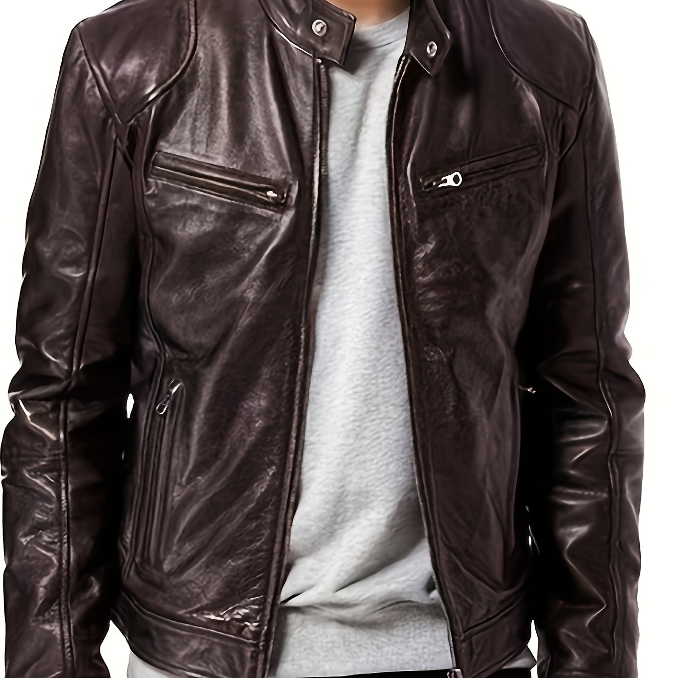 Veste bomber en cuir synthétique pour hommes - Décontractée, tendance, veste de moto avec fermeture éclair et poches, design à blocs de couleur marron et noir