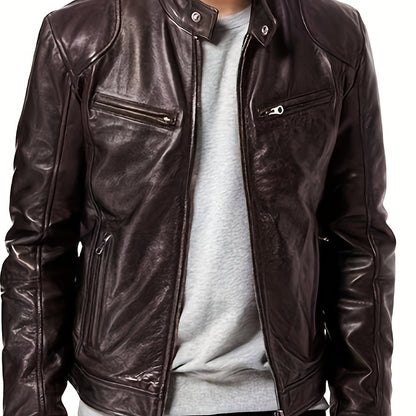 Veste bomber en cuir synthétique pour hommes - Décontractée, tendance, veste de moto avec fermeture éclair et poches, design à blocs de couleur marron et noir